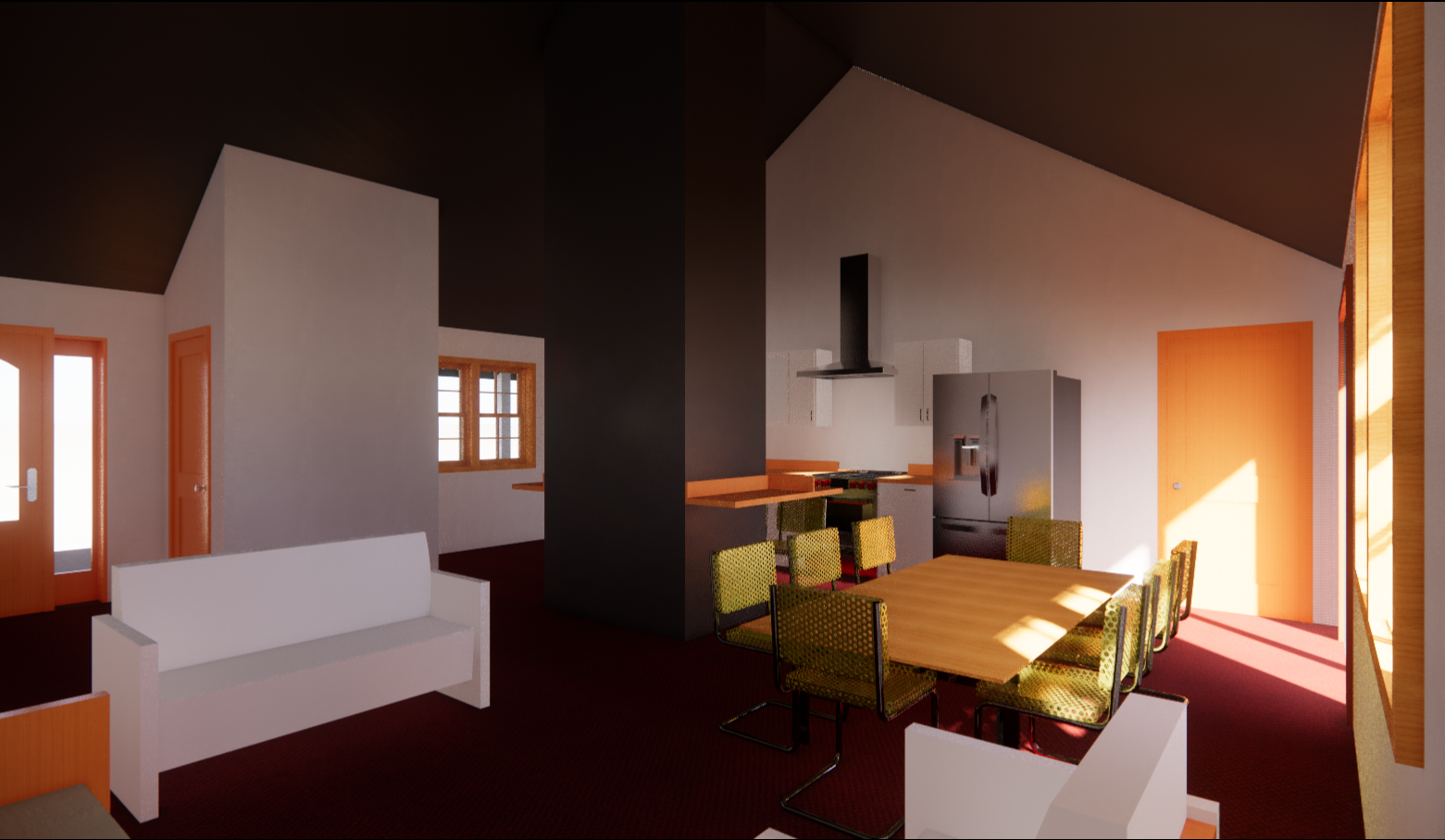 Rendered image of dining room and kitchen